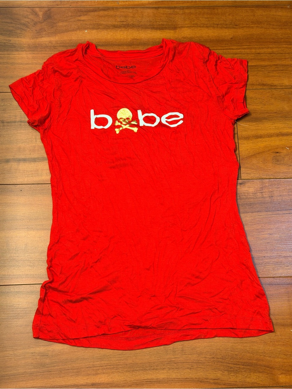bebe Red Tee with White Logo and Gold Skull